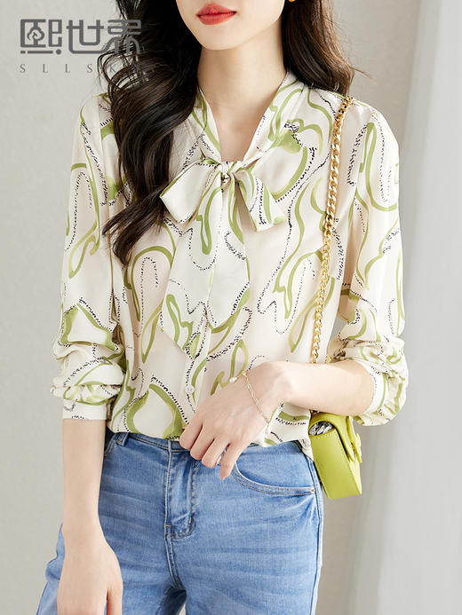 【五折购】熙世界时尚复古艺术印花衬衫女设计感洋气飘带V领上衣秋款 商品图2