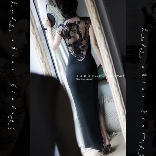 1101#【复团】喵娘精工/定制/《倾世女皇》中式龙纹珠绣露背开叉黑色旗袍裙 商品图0