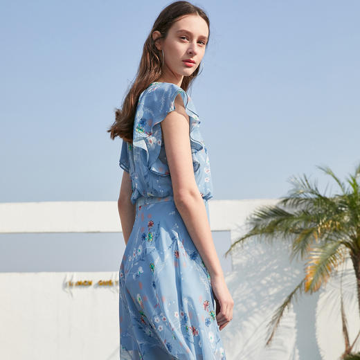 欧芮儿短袖碎花雪纺连衣裙女欧芮儿2021夏装新款系带显瘦中长款A字裙 商品图0