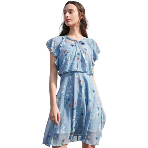 欧芮儿短袖碎花雪纺连衣裙女欧芮儿2021夏装新款系带显瘦中长款A字裙 商品图3