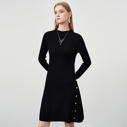 EITIE爱特爱秋季新款100%绵羊毛气质半高领黑色修身显瘦通勤针织连衣裙C2201014 商品图1