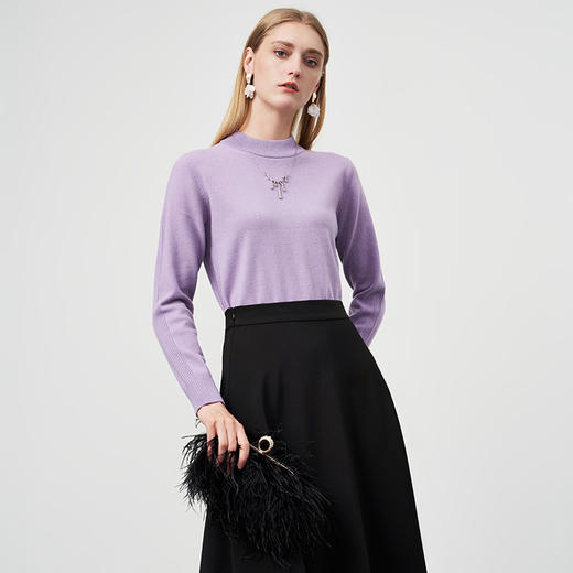 EITIE爱特爱秋季新款100%绵羊毛紫色温柔套头毛衣打底半高领舒适针织衫C2201018 商品图3