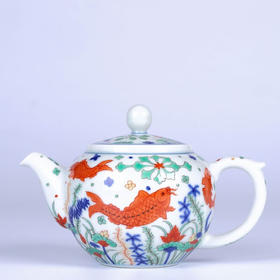 【宝瓷林】景德镇陶瓷五彩鱼藻纹一壶两杯套组（纯手工）