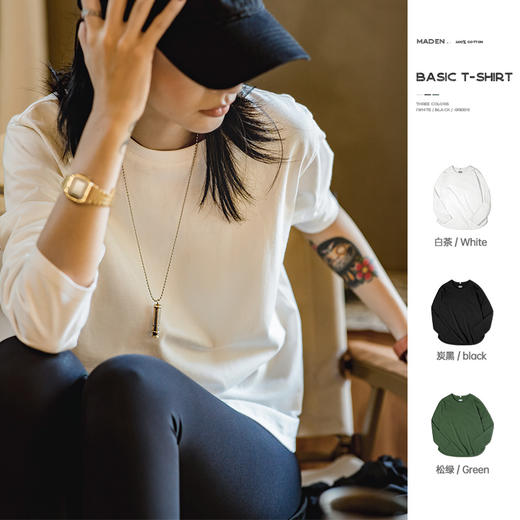 马登女装 双纱纯棉长袖t恤女圆领卫衣秋季学生基础百搭休闲打底衫 商品图0