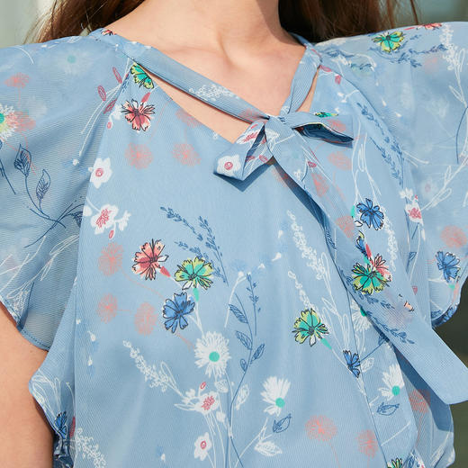 欧芮儿短袖碎花雪纺连衣裙女欧芮儿2021夏装新款系带显瘦中长款A字裙 商品图2