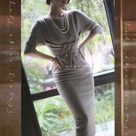 #1002【复团】喵娘精工/定制/麦瑟尔夫人系列《乍见之欢》暖调浅花灰蜂腰连衣裙