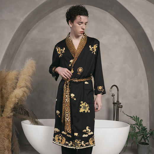 Solo seta22姆米重磅真丝睡袍男中长款桑蚕丝家居服丝绸时尚豹纹 商品图3