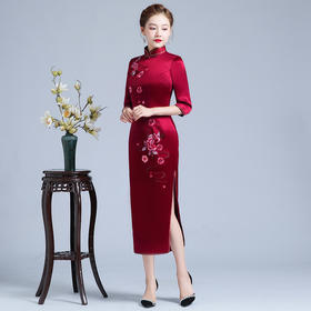 LHS-2050年轻喜婆婆婚宴装新款连衣裙秋刺绣醋酸旗袍婚礼服
