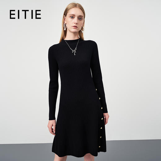 EITIE爱特爱秋季新款100%绵羊毛气质半高领黑色修身显瘦通勤针织连衣裙C2201014 商品图0