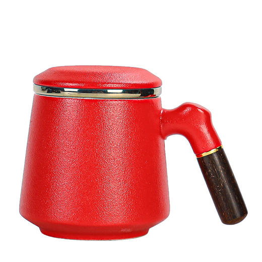 「精美礼盒装！陶瓷木柄杯」粗陶马克杯办公茶水分离杯带盖木把手柄过滤泡茶杯居家日用餐饮用具个人茶水杯 商品图4