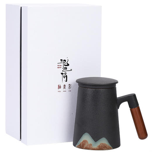 「匠心力作！远山聚财杯礼盒装」釉画彩手绘马克杯木把手陶瓷茶杯水杯带盖过滤三件套大号办公居家日用餐饮用具 商品图4