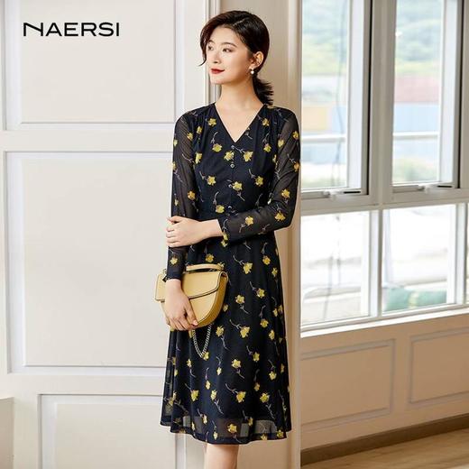 2楼NAERSI深秋暗青紫色长袖连衣裙 商品图4