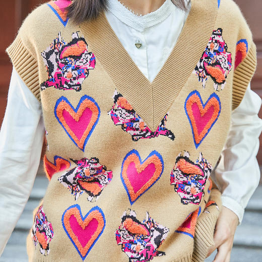 谜底2022新款复古时尚老虎织花V领针织背心马甲外套女228MZ6214 商品图3