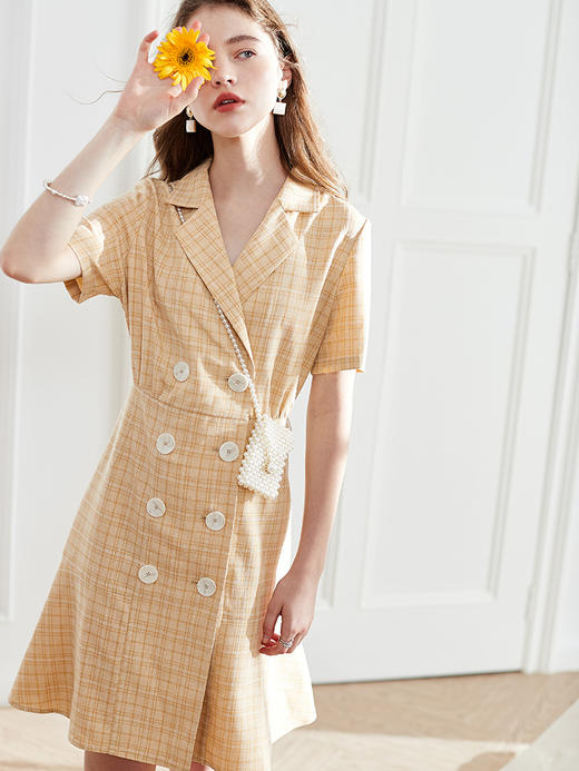 OLrain法式高级穿搭西装格子连衣裙女夏季2022时尚气质收腰裙 商品图3