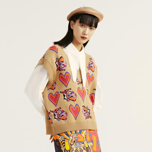谜底2022新款复古时尚老虎织花V领针织背心马甲外套女228MZ6214 商品图1