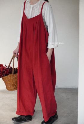 Atelier d‘antan灰/红全麻质感背带裤