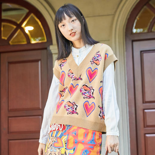 谜底2022新款复古时尚老虎织花V领针织背心马甲外套女228MZ6214 商品图0