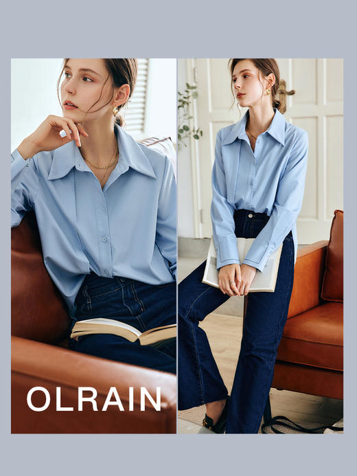 OLrain法式长袖衬衫女早秋2022年新款宽松气质职业风翻领通勤衬衣 商品图1
