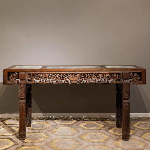 清 红木三镶云石透雕灵芝葫芦书卷式平头案 商品图0