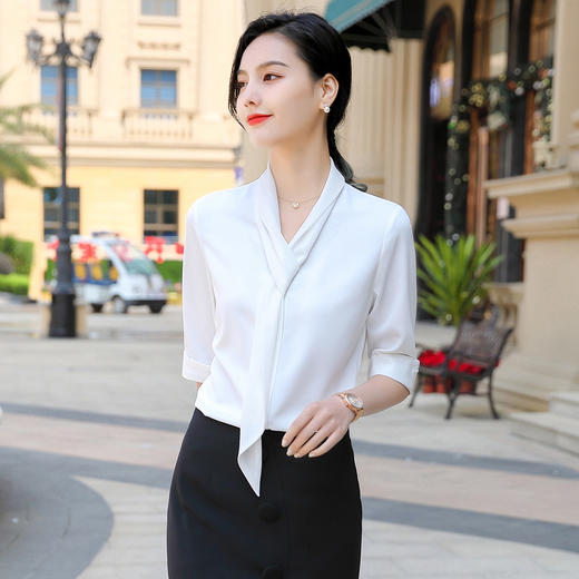 罗蒙衬衫女短袖时尚飘带衬衣商务休闲百搭纯色半袖女衬衫 商品图1