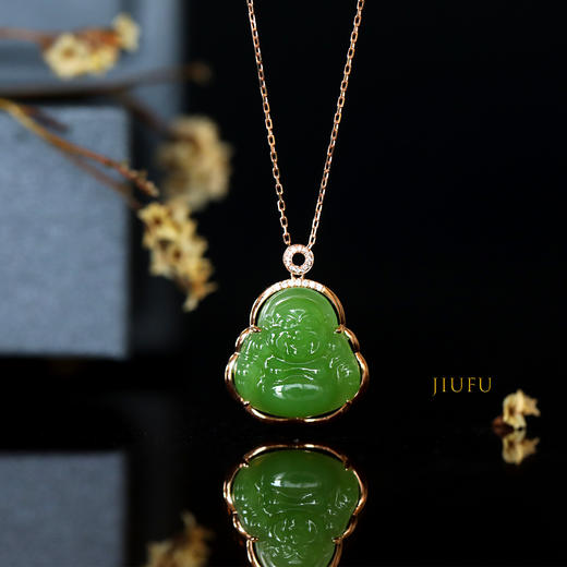 18K玫瑰金和田玉（碧玉）镶钻吊坠--玉佛/佛公12*18mm/苹果绿 商品图0