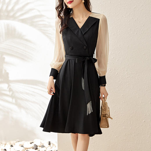 气质，赫本风通勤撞色拼接流苏大摆显瘦西装连衣裙WLZD-2219306 商品图1