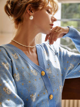 OLrain法式蓝色针织连衣裙女早秋2022年新款减龄收腰显瘦v领裙子