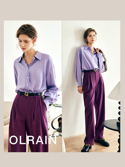 OLrain法式紫色天丝衬衫女早秋2022年新款复古气质显瘦翻领衬衣 商品图1