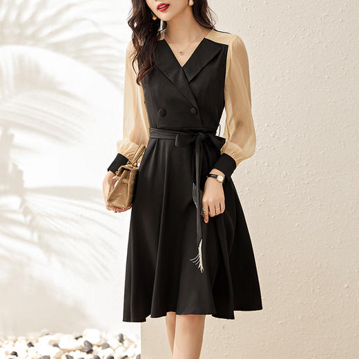 气质，赫本风通勤撞色拼接流苏大摆显瘦西装连衣裙WLZD-2219306 商品图0
