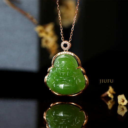 18K玫瑰金和田玉（碧玉）镶钻吊坠--玉佛/佛公12*18mm/苹果绿 商品图1