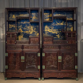 二十世纪 紫檀镶漆地描金浮雕人物故事博古柜（一对）