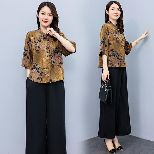 宽松洋气，仿香云纱中老年妈妈套装减龄时尚两件套HR-HXY806-1 商品图1