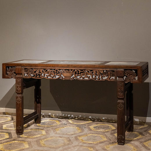 清 红木三镶云石透雕灵芝葫芦书卷式平头案 商品图4