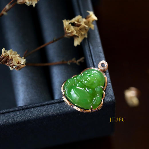 18K玫瑰金和田玉（碧玉）镶钻吊坠--玉佛/佛公12*18mm/苹果绿 商品图2