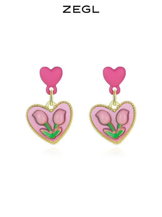 ZEGL郁金香花朵耳环女芭比风粉色爱心耳钉2023年新款小众设计耳饰 商品图0