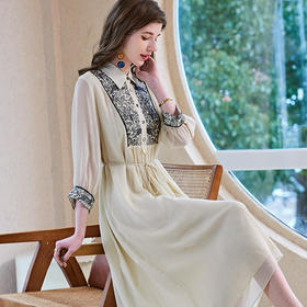 LLXR-D9008472新款高端优雅气质系带收腰中长款真丝刺绣连衣裙