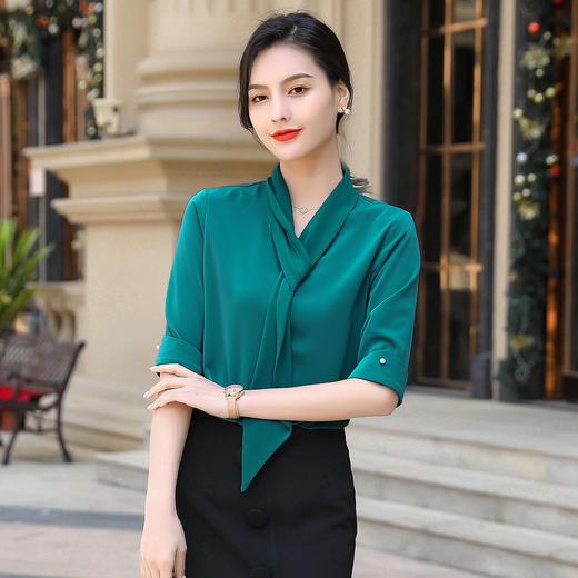 罗蒙衬衫女短袖时尚飘带衬衣商务休闲百搭纯色半袖女衬衫 商品图3