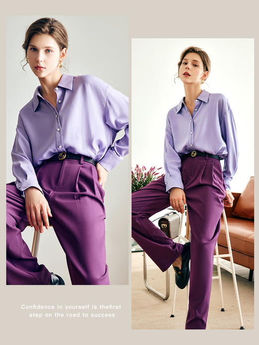 OLrain法式紫色天丝衬衫女早秋2022年新款复古气质显瘦翻领衬衣 商品图3