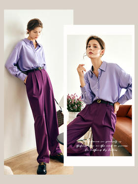 OLrain法式紫色天丝衬衫女早秋2022年新款复古气质显瘦翻领衬衣