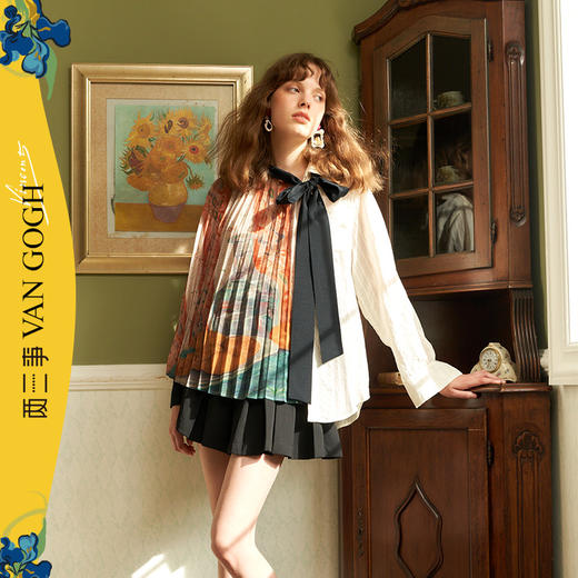 两三事梵高艺术光的盛宴秋季新款复古压褶印花拼接条纹衬衫女 商品图0