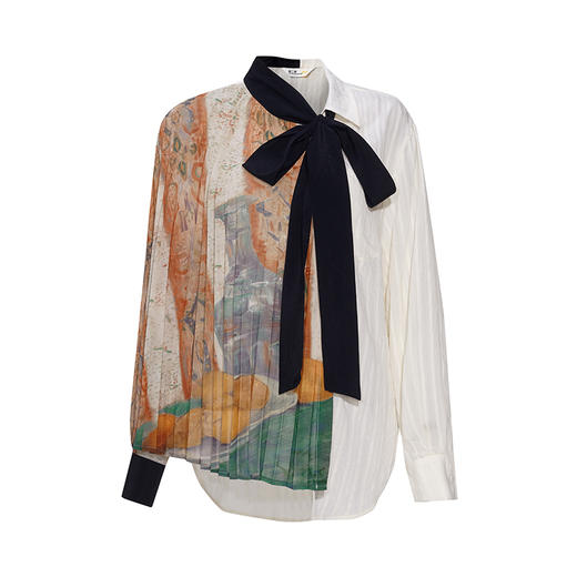 两三事梵高艺术光的盛宴秋季新款复古压褶印花拼接条纹衬衫女 商品图4