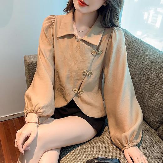 复古时髦长袖天丝雪纺衫，盘口翻领设计感时尚气质高腰上衣KQL-1286 商品图3