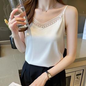 缎面内搭，洋气无袖打底蕾丝钩花V领仿真丝吊带背心KQL-912