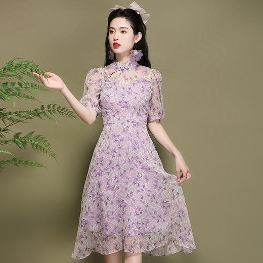 OY-220303夏季新款雪纺碎花泡泡袖连衣裙日常改良年轻款气质旗袍裙220303 商品图0