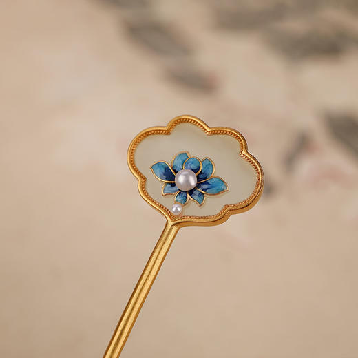 S925纯银镀金和田玉复古珍珠莲花发簪气质优雅盘发头饰 CW250 商品图2