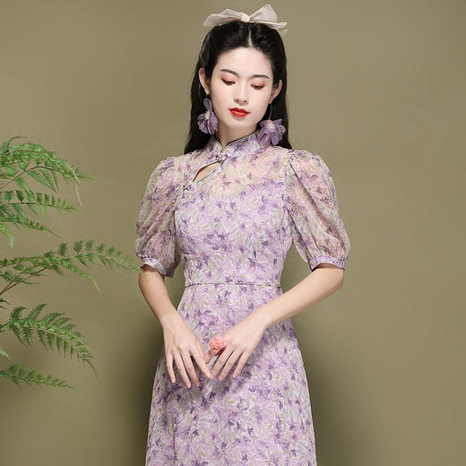 OY-220303夏季新款雪纺碎花泡泡袖连衣裙日常改良年轻款气质旗袍裙220303 商品图1