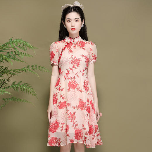 OY-220302国潮夏季新款雪纺印花泡泡袖连衣裙优雅气质改良年轻款旗袍220302 商品图3