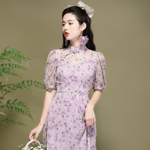 OY-220303夏季新款雪纺碎花泡泡袖连衣裙日常改良年轻款气质旗袍裙220303 商品图2