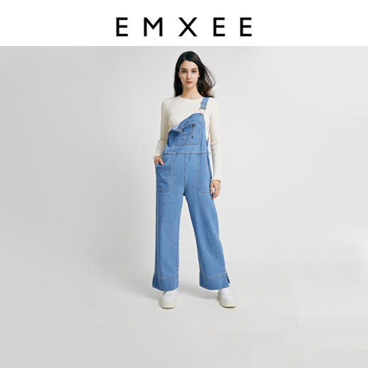 【孕妈服饰】嫚熙孕妇牛仔背带裤春秋装外穿休闲大码宽松脚口开叉显瘦直筒裤女 商品图0