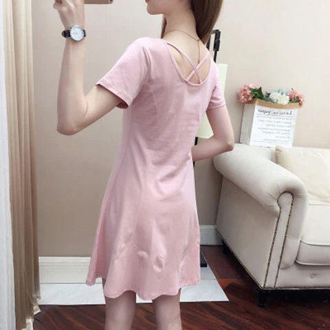 纯棉短袖连衣裙2021夏装新款女装修身显瘦百搭黑色a字中长裙子女 商品图4